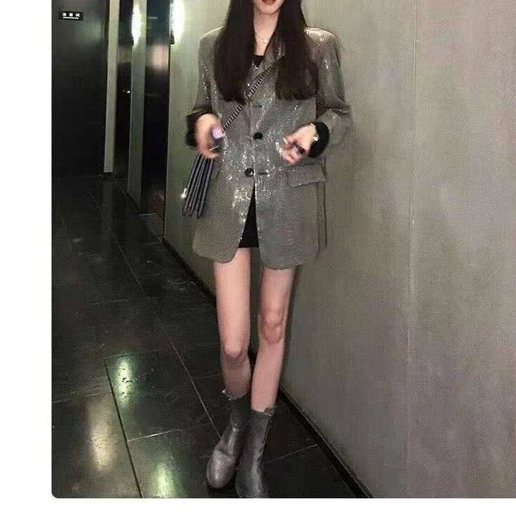 Spring Luxury diamond Suit Blazers Women medium long fashion suit skirt bow long sleeve suit Blazers Cool silver suit 20 colors 9673 silver