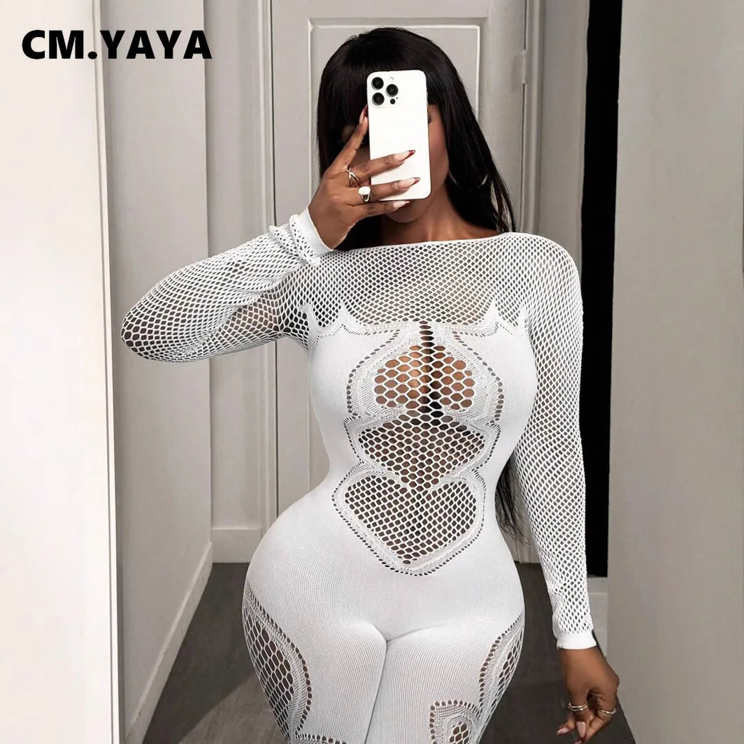 CM.YAYA 2025 O-neck Full Sleeve Women Mesh Hollow Out Jumpsuits Casual Night Club Sexystreet Sexy Perspective Outfits Rompers