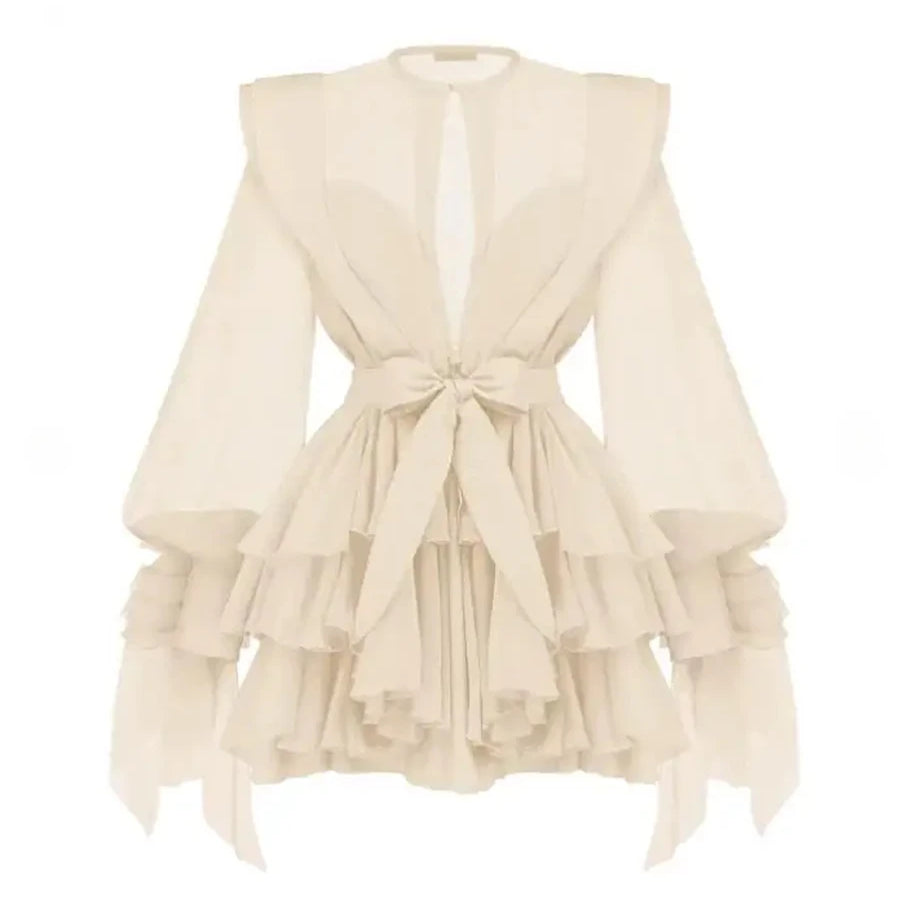 TWOTWINSTYLE Slimming Spliced Ruffles Folds Dresses for Women Round Neck Long Sleeves Patchwork Button Dress Female Fashion New