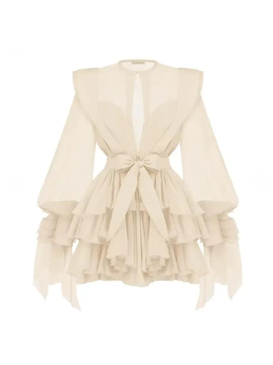 TWOTWINSTYLE Slimming Spliced Ruffles Folds Dresses for Women Round Neck Long Sleeves Patchwork Button Dress Female Fashion New