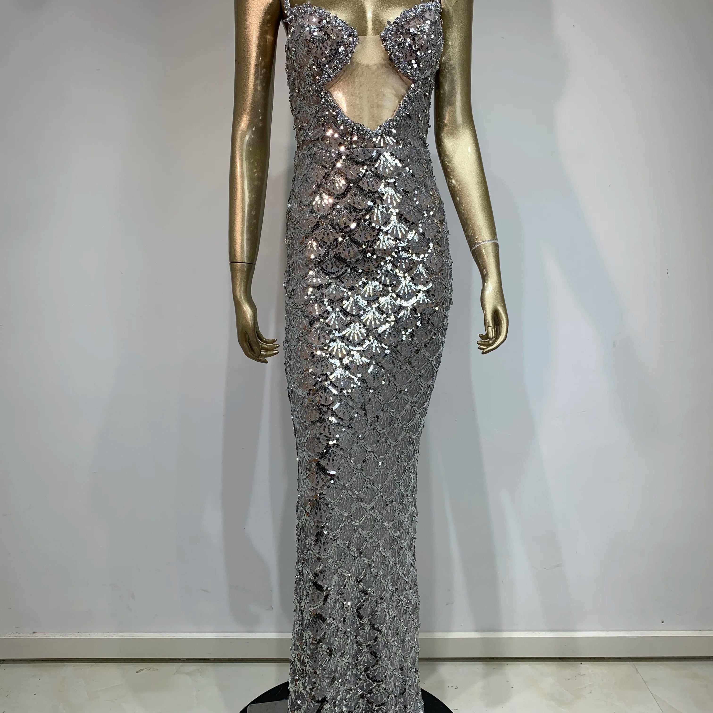 Women Sexy V Neck Backless Sequins Mesh Sparkly Silver Maxi Long Dress 2024 Elegant Party Evening Outfit Vestido