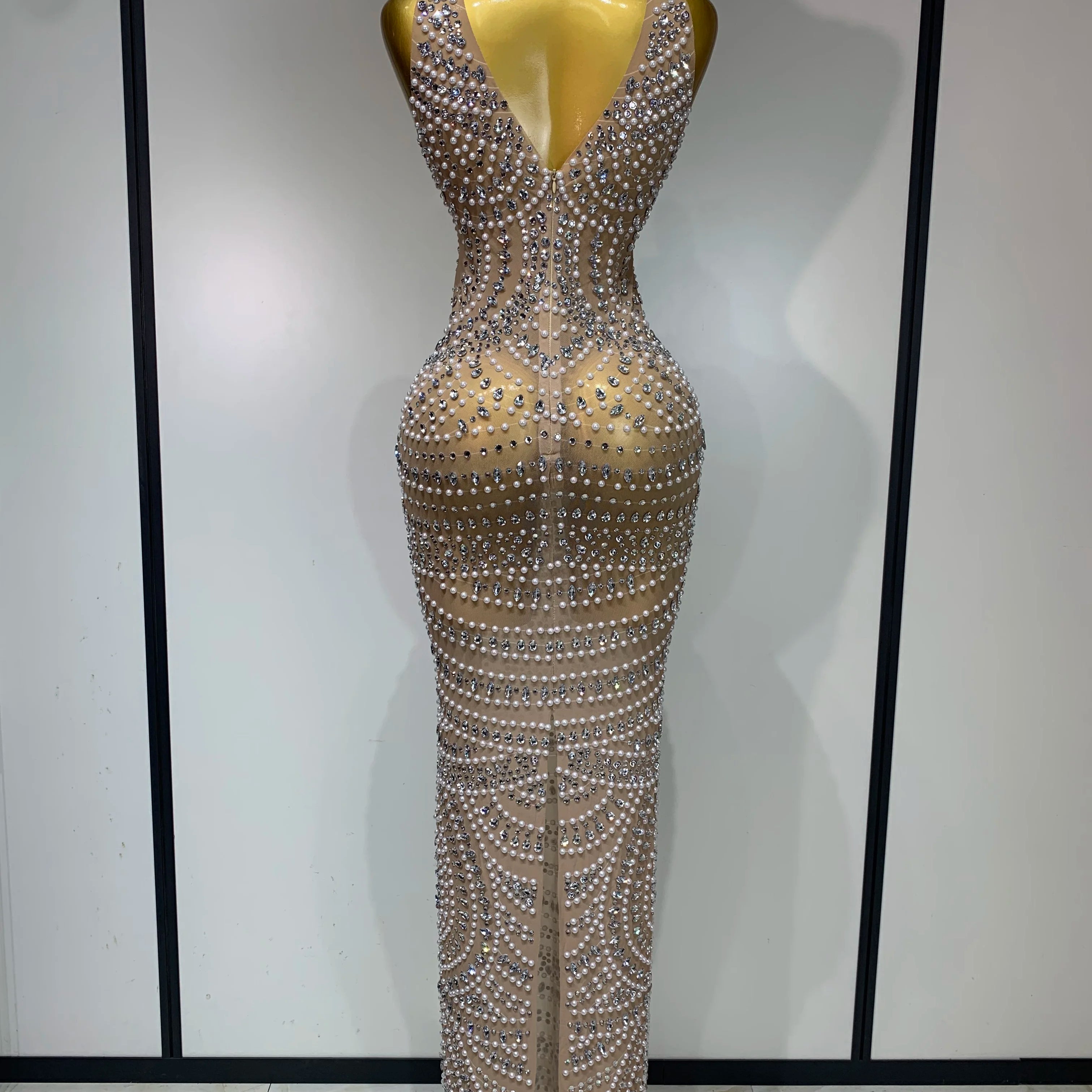 Elegant Sexy Sparkly Pearl Rhinestone Sleeveless Long Dress Women Birthday Party Evening Prom Wedding Luxury Photoshoot Outfits