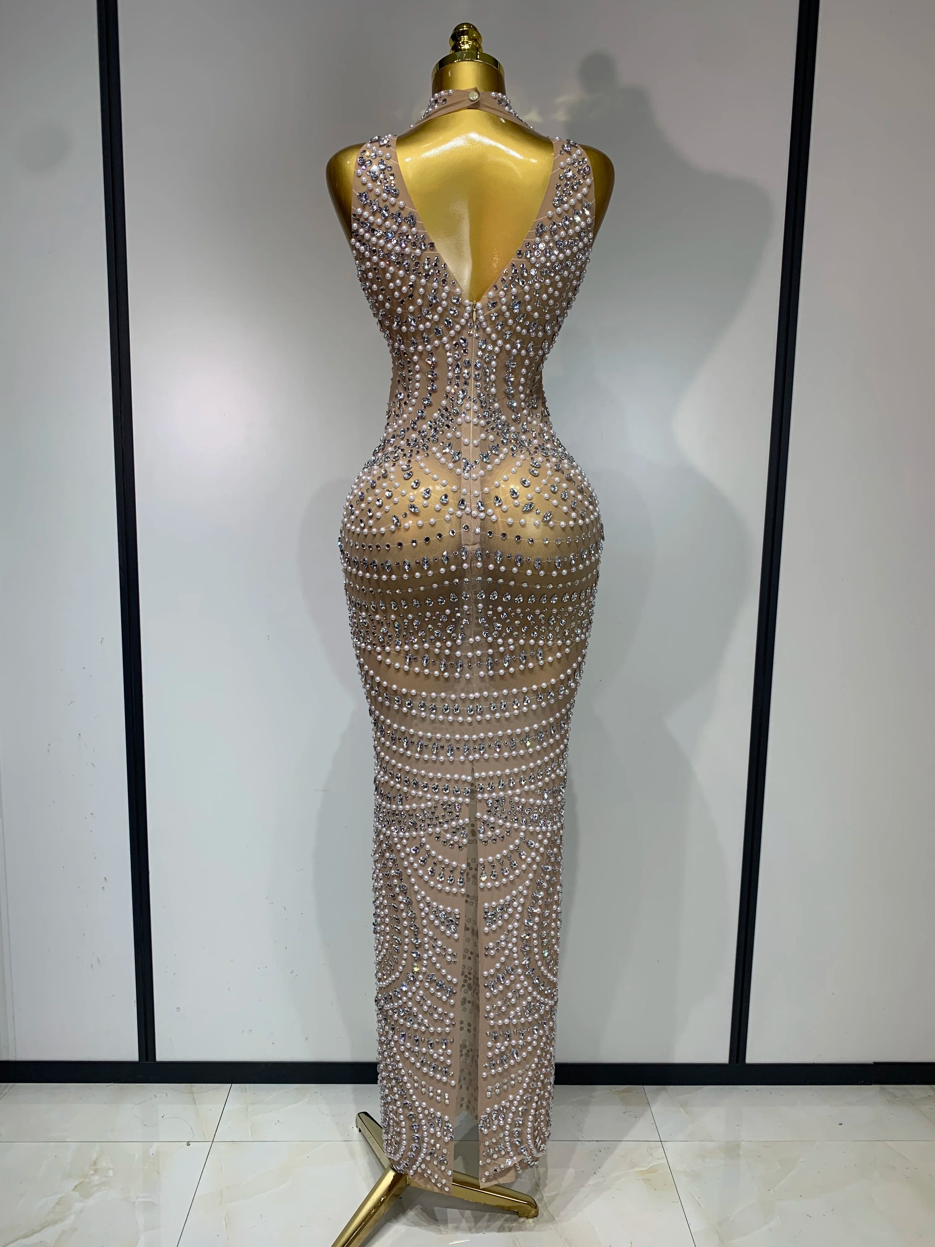 Elegant Sexy Sparkly Pearl Rhinestone Sleeveless Long Dress Women Birthday Party Evening Prom Wedding Luxury Photoshoot Outfits