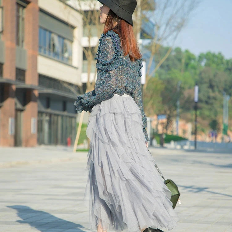 Long Maxi Skirt Women Fashion Korean Cute Pink High Waist Pleated Skirt Mesh Female Lady Aesthetic Faldas gray One Size