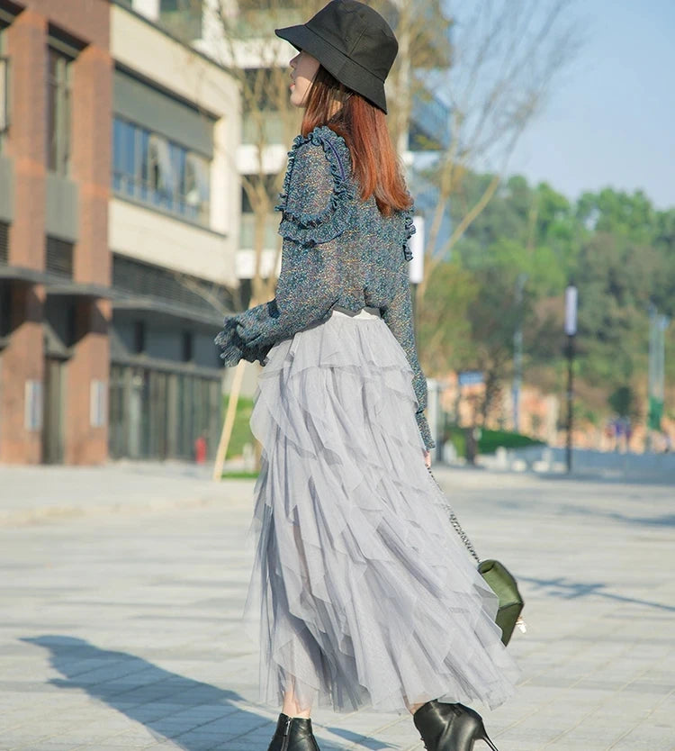 Long Maxi Skirt Women Fashion Korean Cute Pink High Waist Pleated Skirt Mesh Female Lady Aesthetic Faldas gray One Size