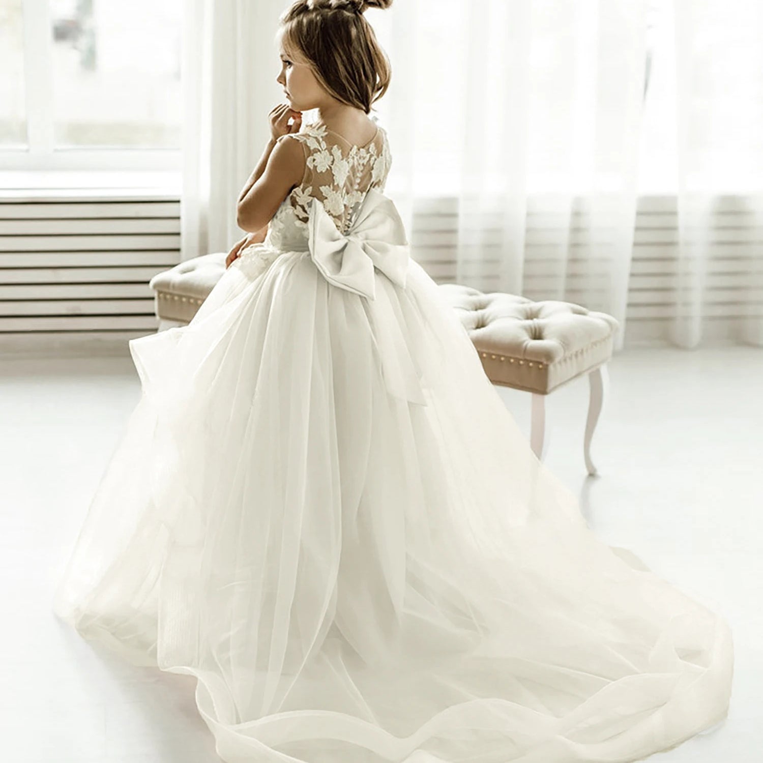 2-14 Years Lace Tulle Flower Girls Dress Princess for Kid Child Wedding Party Junior bridesmaid Maxi Ball Gown Evening