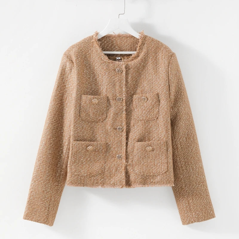 Short Tweed Coat Women Autumn Fashion Elegant O-neck Long Sleeve Botton Frayed Pockets Jackets Female Outwear Office Lady Coats
