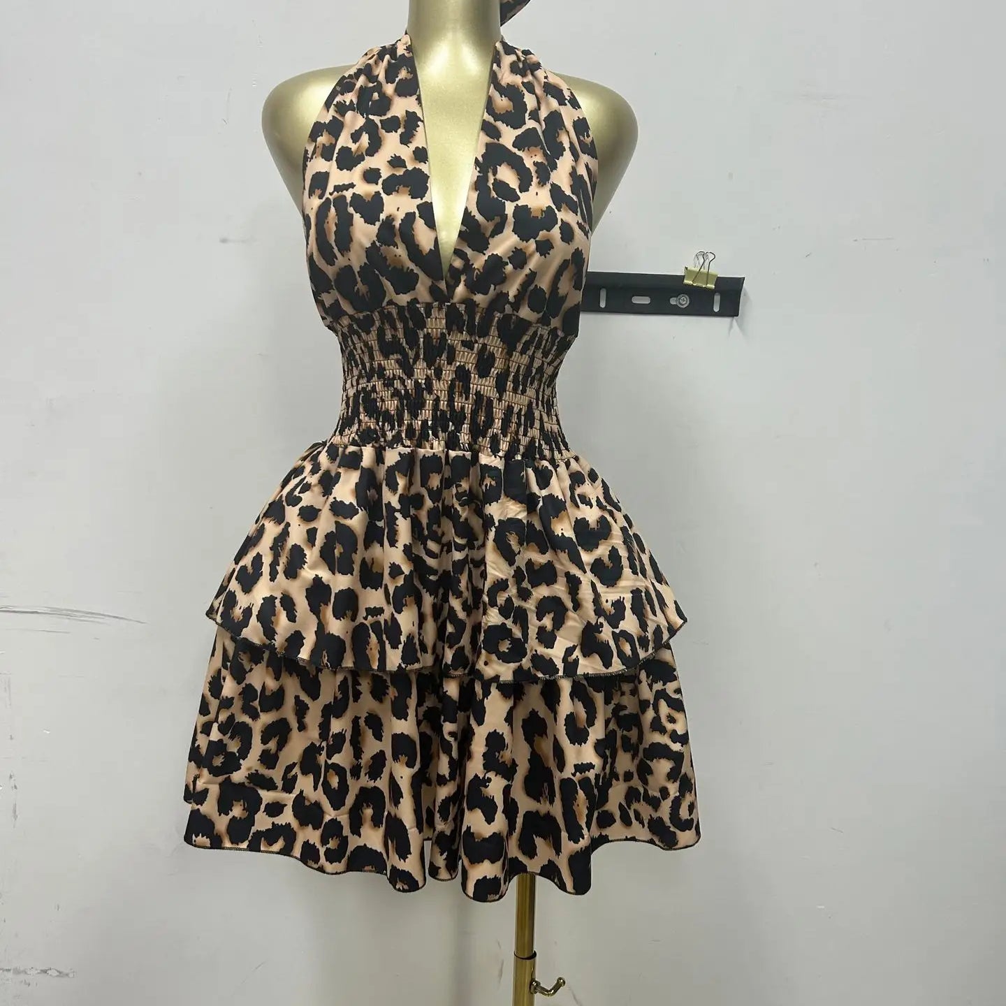 CM.YAYA Women Leopard Print Halter Neck Backless Cascading Ruffles Big Swing Ball Gown Mini Dress 2025 Sexy Club Party Dresses
