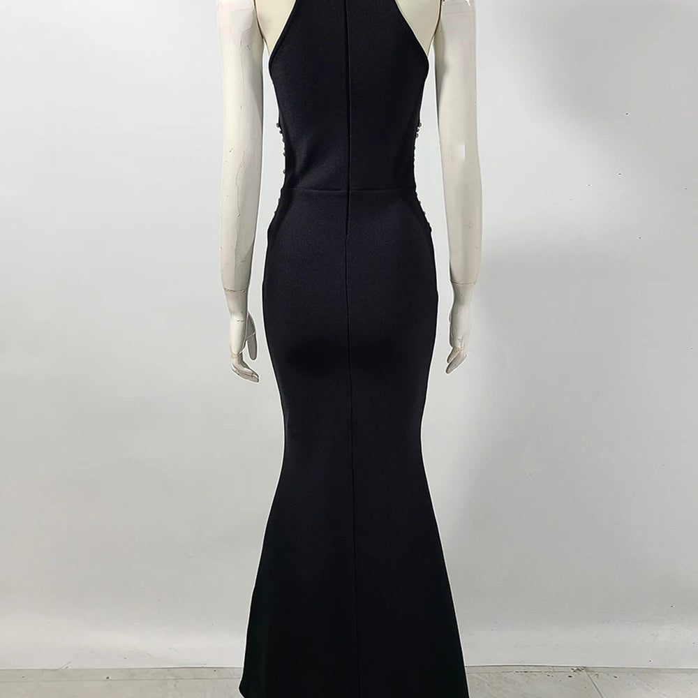 Elegant Black Halter Bandage Maxi Dress with Diamond Bodycon Sleeveless Vestidos Celebrity Party Runway Occasions Evening Gown
