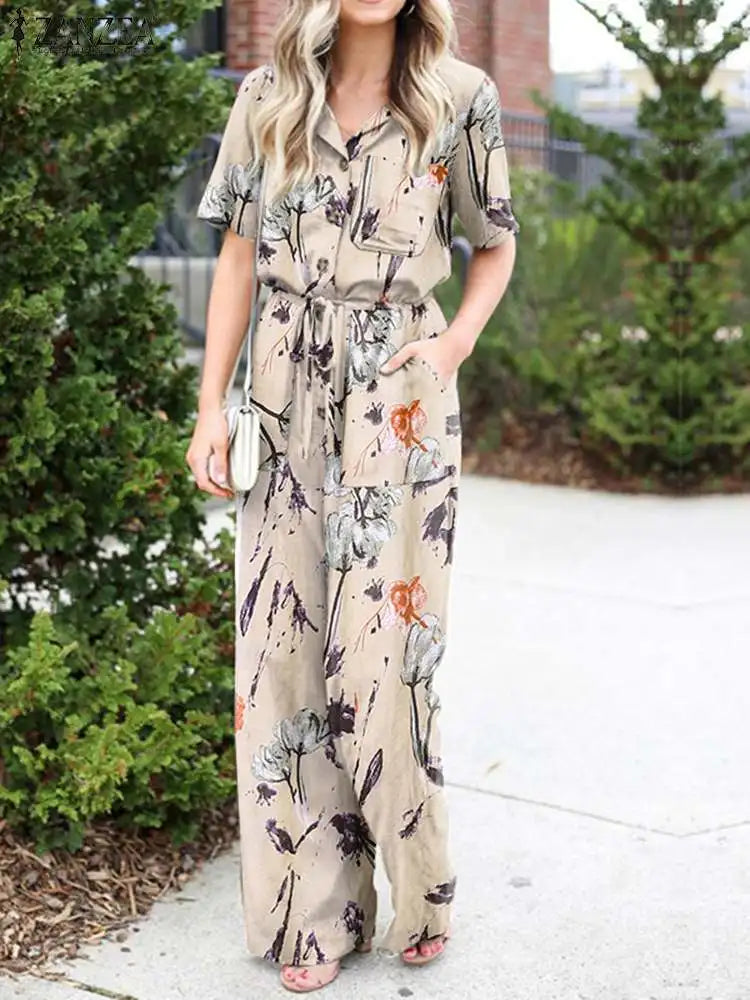 Summer Women Jumpsuits Casual Lapel Neck Short Sleeve Long RompersVintage Floral Print Wide Leg Overalls Loose Playsuits Beige