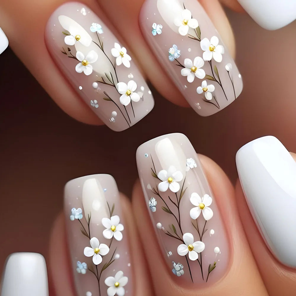 Short middle square ballet fake nails sparkling plant flowers maple leaves gradient Peacock feathers press on false nails set