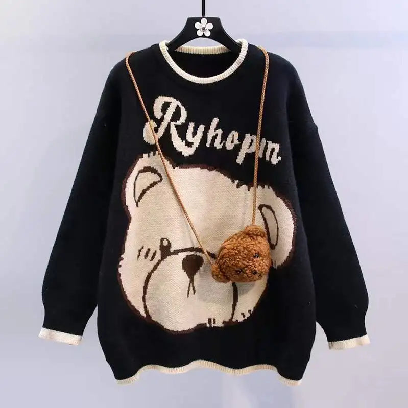 Winter Warm Lucky Red Sweater Pleated Mini Skirts 1 or 2 Piece Set Women Cute Bear Knit Pullover Skirt Outfits Top with Bag Only Black Sweater