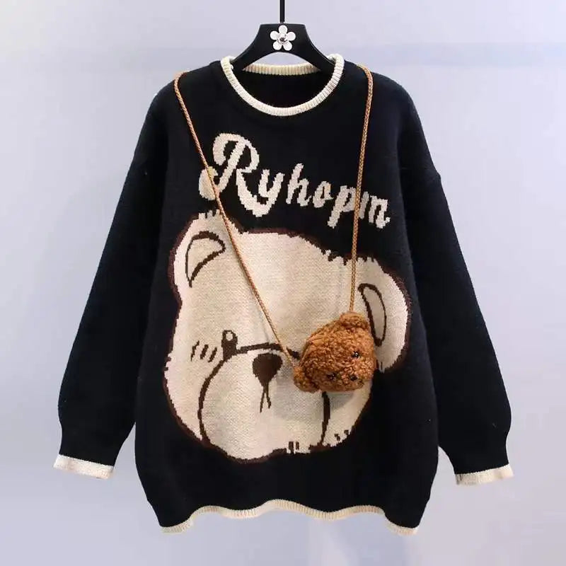 Winter Warm Lucky Red Sweater Pleated Mini Skirts 1 or 2 Piece Set Women Cute Bear Knit Pullover Skirt Outfits Top with Bag Only Black Sweater