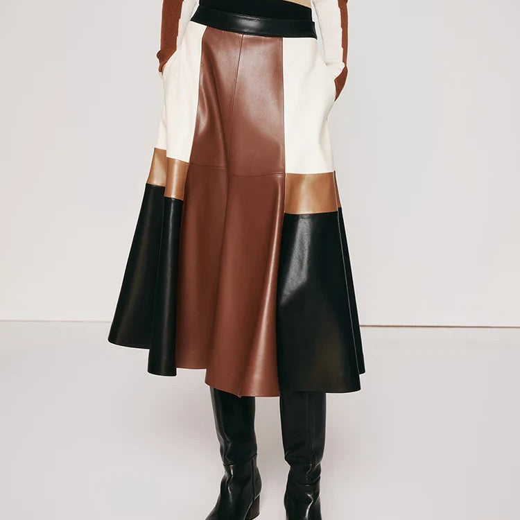 Spring Autumn Long Color Block Patchwork Soft Pu Leather Mini Skirt Women High Waist 2024 Luxury A Line Clothes Fashion