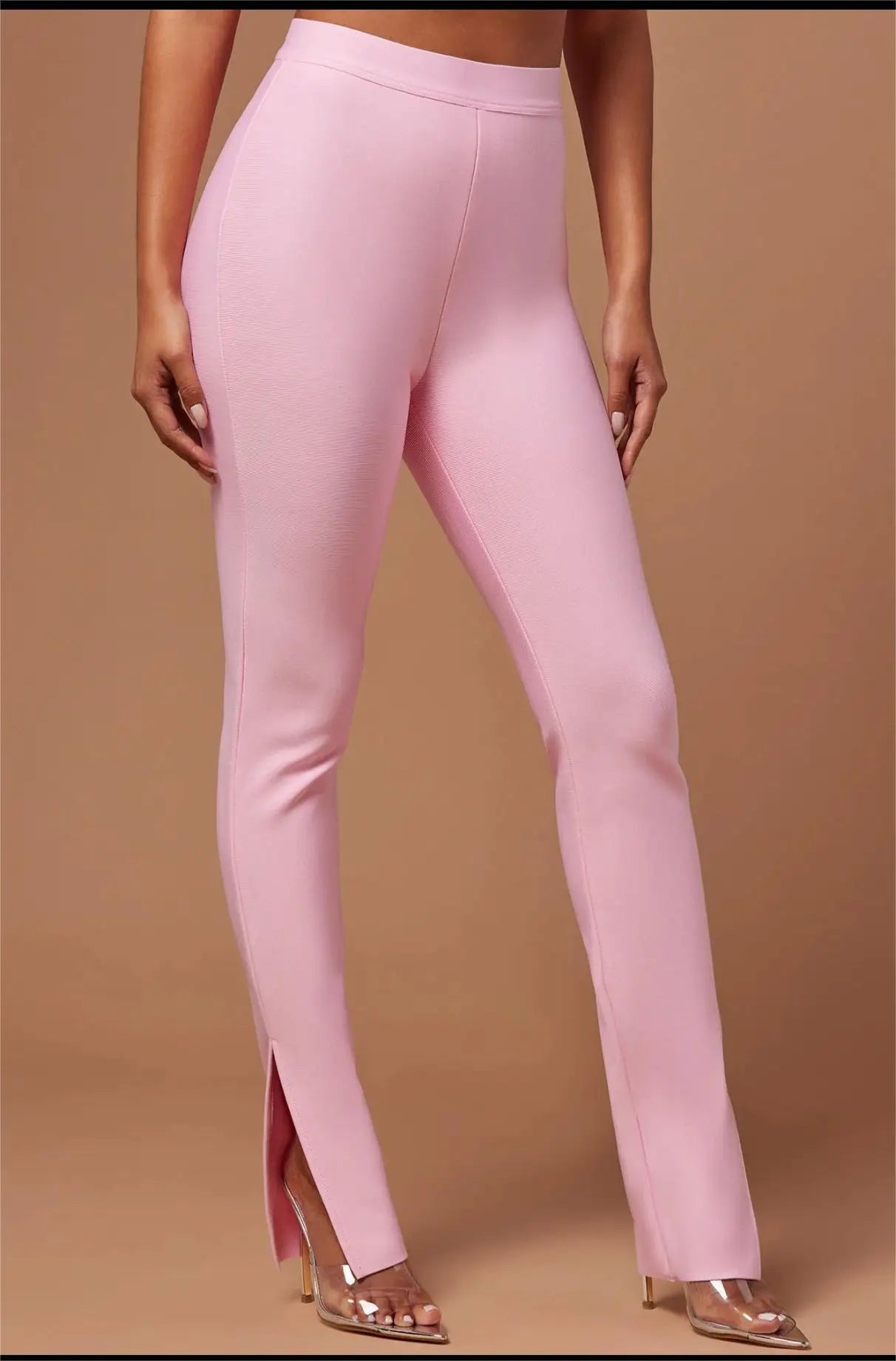 New Fashion Pink Color Women Sexy Mesh Crystal Tops Bandage Pants 2 Pieces Bodycon Set High Street Evening Party Set
