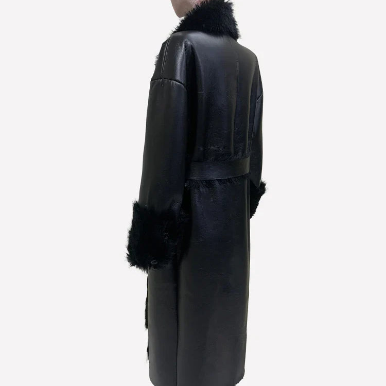 Nerazzurri Winter Long Oversized Black Thickened Warm Soft Black Lamb Shearling Trench Coat Women Faux Sheepskin Overcoat 2024