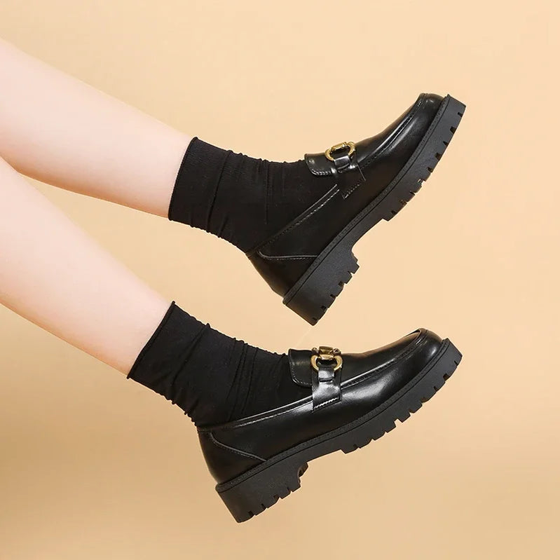 Women Loafers 2024 Spring Metal Button Black Platform Women's Shoes Fashion JK Lolita Soft Soled Student Office Leather Shoes
