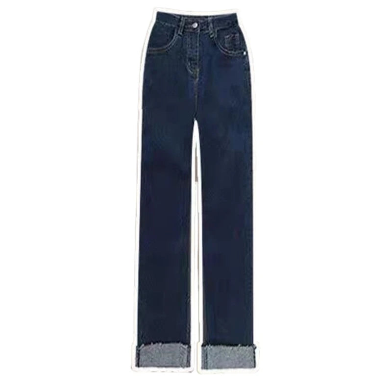 Women Autumn Winter Plaid Loose Coats Shirt Wide Leg Pants 1 or 3 Piece Set Korean Lady Casual Tweed Jacket Jeans Blouse Outfits Only Dark Blue Jeans