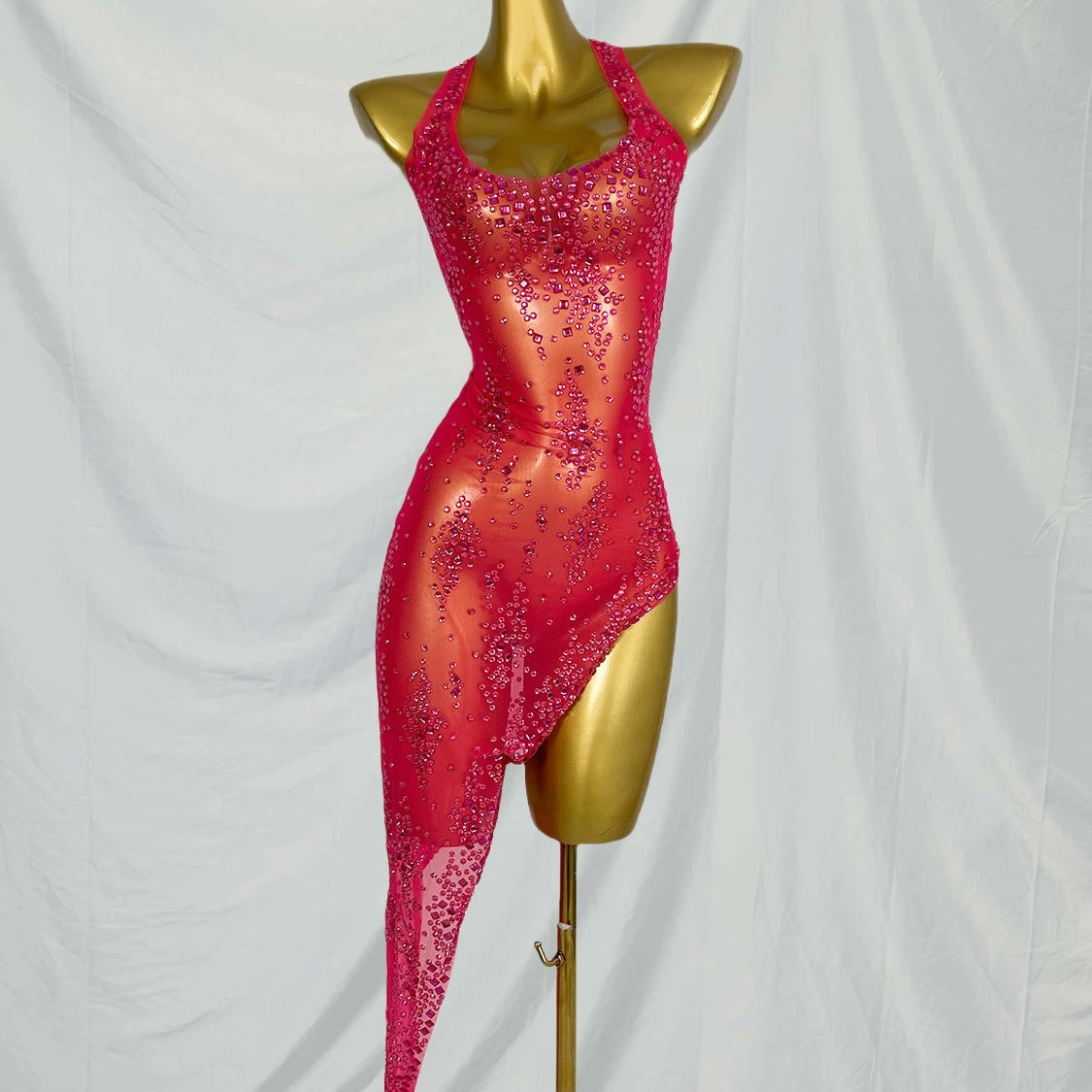 Nightclub Mini Dress Singer Stage Performance Wear Bar Party Asymmetrical Dress Sparkly Rhinestones Sleeveless Mesh Dress Xinghe