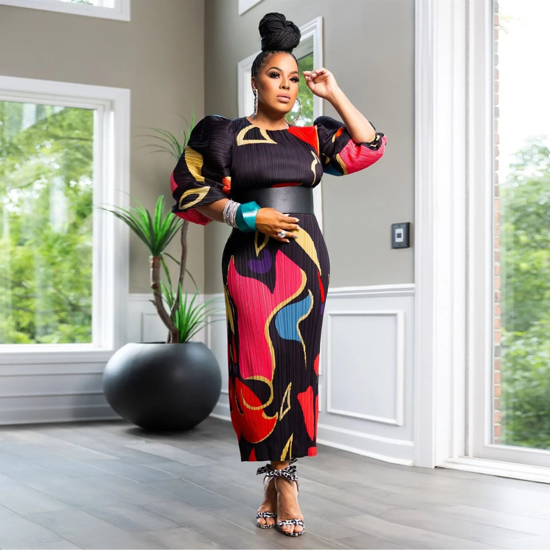 CM.YAYA Elegant Women Pleated Half Lantern Sleeve O-neck Slim Maxi Long Dress Print Fashion Autumn 2024 Ruched Dresses Vestidos