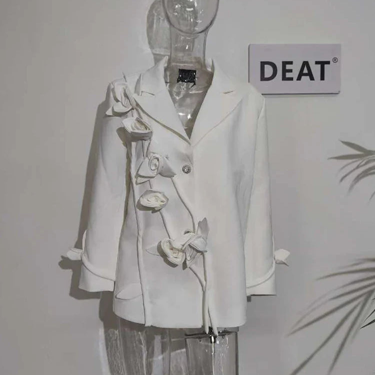 DEAT Fashion Women's Blazer Notched Collar Loose Diamonds Buttons Spliced Flower White Suit Jackets summer New 17A7225 White