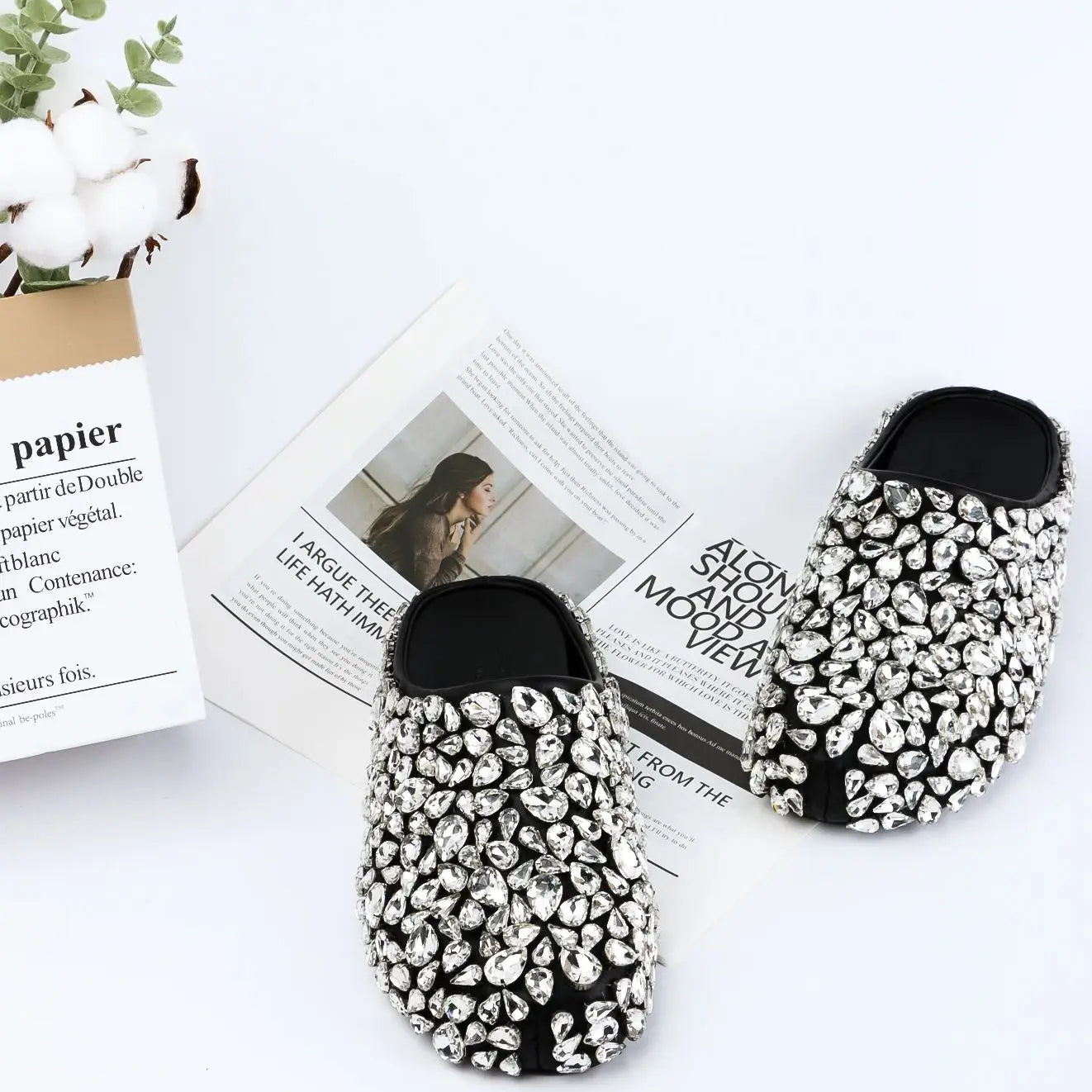 Designer Brand Handmade Rhinestone Flat Sandals Black Slippers Casual Vacation Loafers Shoes Women's Wedding Dress Shoes