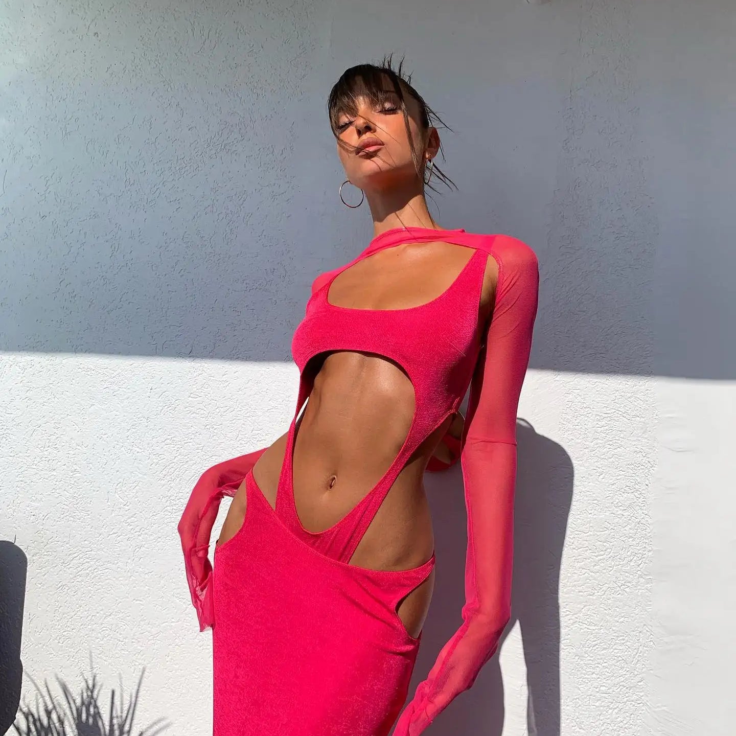 Rosered Color Women Long Sleeve Mesh Rayon Bandage Sexy Holes Bodycon Long Dress Nightclub Party Celebrate Vacation Beach Dress