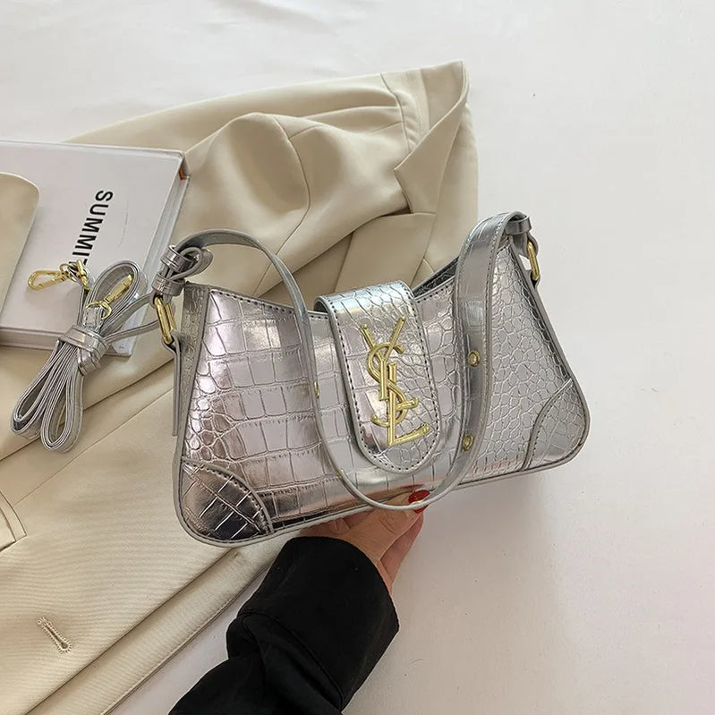 French Style Croc-Effect Handbag 2025 - Elegant Underarm & Crossbody Bag for Women, Versatile Top-Handle Shoulder Purse