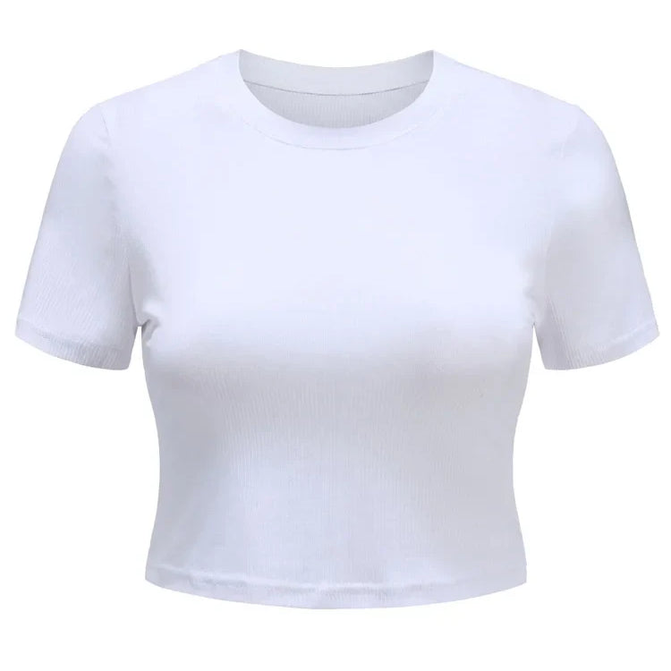 O Neck Knit White Crop Top Women Summer Casual T Shirt Basic Sexy Streetwear Ribber Black Short Sleeve Tops
