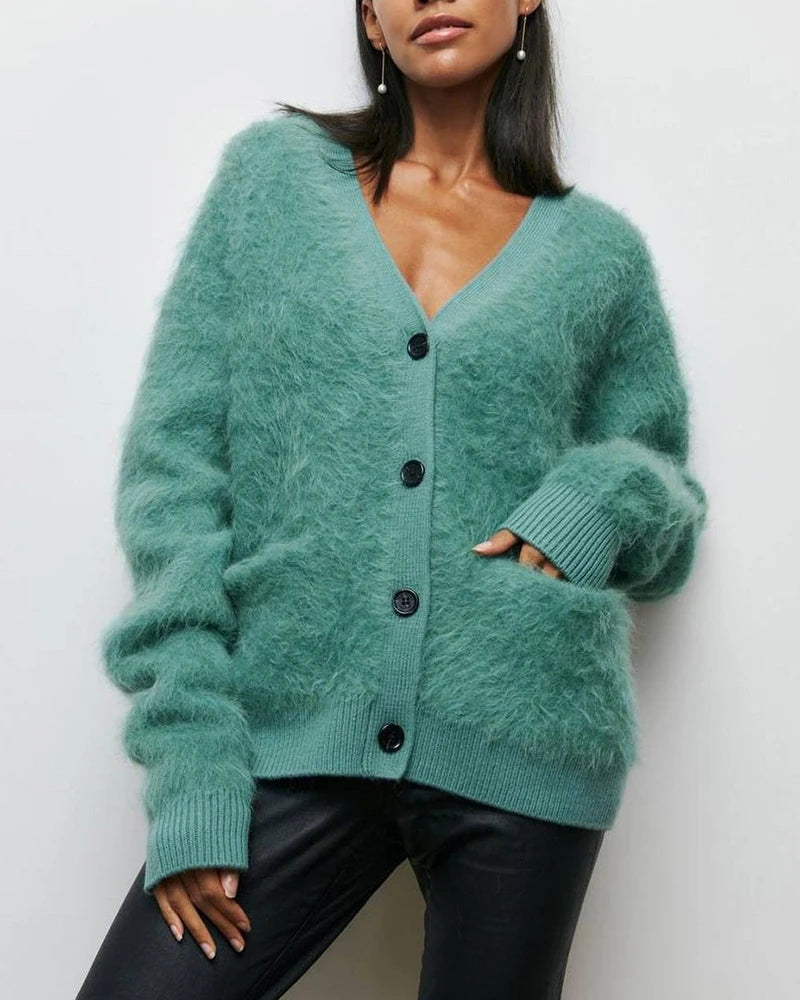 Casual Long Sleeve V-Neck Cardigan Women Autumn Winter Buttons-up Solid Coat Female Imitation Mink Sweater