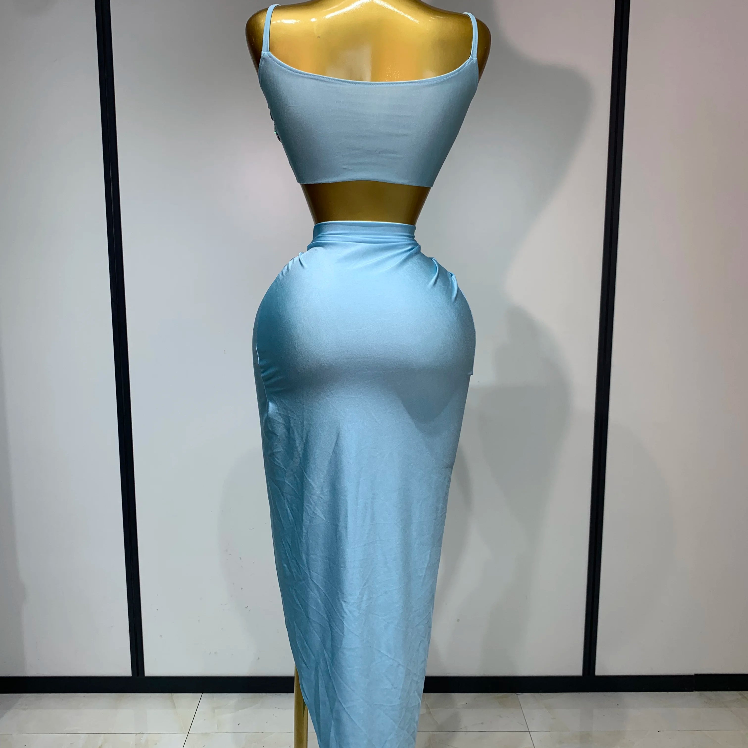 Women Sexy Stretched Crystal Diamonds Two Pieces Set Nightclub Singer Dancer Sparkly Stage Costume Evening Party Birthday Gowns