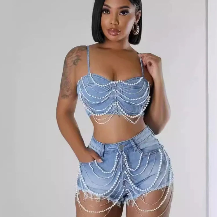 CM.YAYA Women Set Denim Strapless Pearl Beading Top + shorts Sets Street Casual Two 2 Piece Set Sexy Party Outfit 2024 Summer