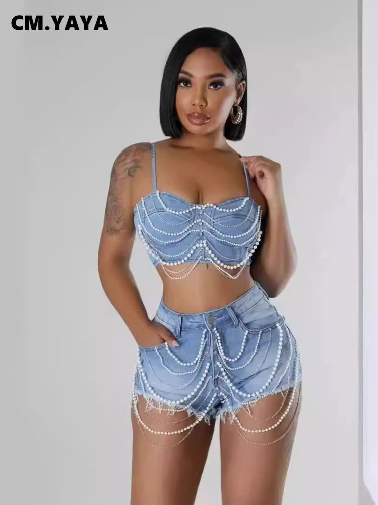 CM.YAYA Women Set Denim Strapless Pearl Beading Top + shorts Sets Street Casual Two 2 Piece Set Sexy Party Outfit 2024 Summer