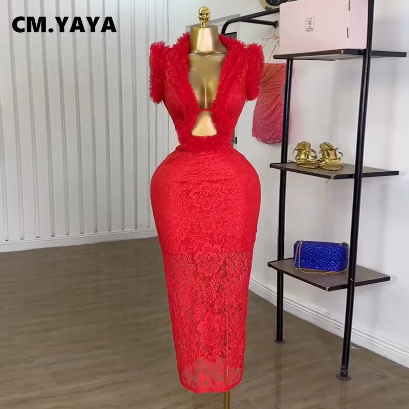 CM.YAYA Women Ruffles Splicing Deep V-neck Lace Floral Bodycon Midi Dress 2025 Birthday Night Club Party Vestidos Sexy Dresses
