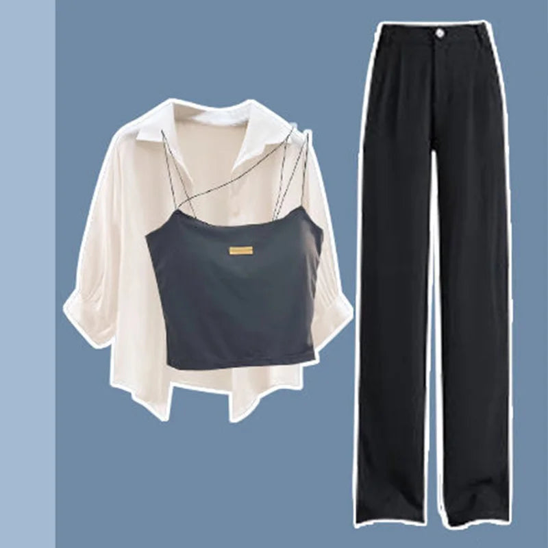 Large Women's Summer Set 2023 New Fashionable Shirt with Hanging Straps and Wide Leg Pants Three Piece Set Y2k Clothes Women Three piece set 1 4