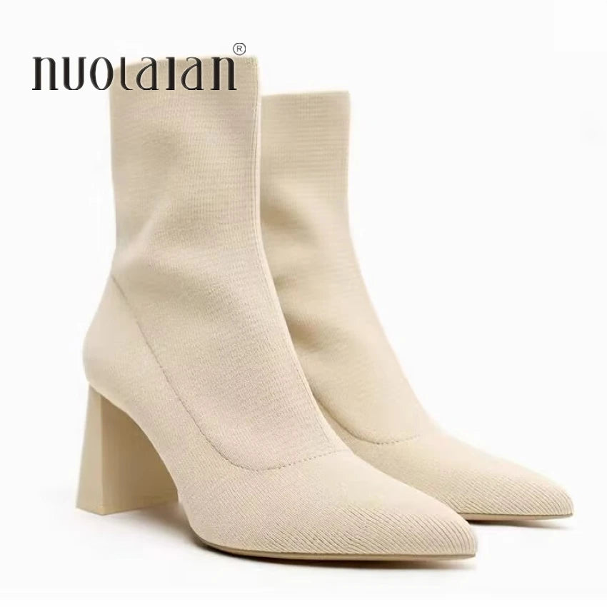 Autumn Winter Knitted Stretch Fabric Socks Boots Women Low Heel Short Boots Pointed Toe Female Ankle Booties Size 42 TLX-Z beige