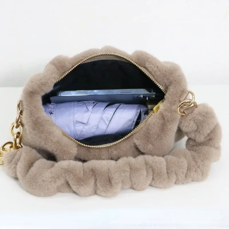 Women Faux Fur Handbags with Metal Chain Lady Ruched Shoulder Bag Armpit Casual Square Hobos Crossbody Winter