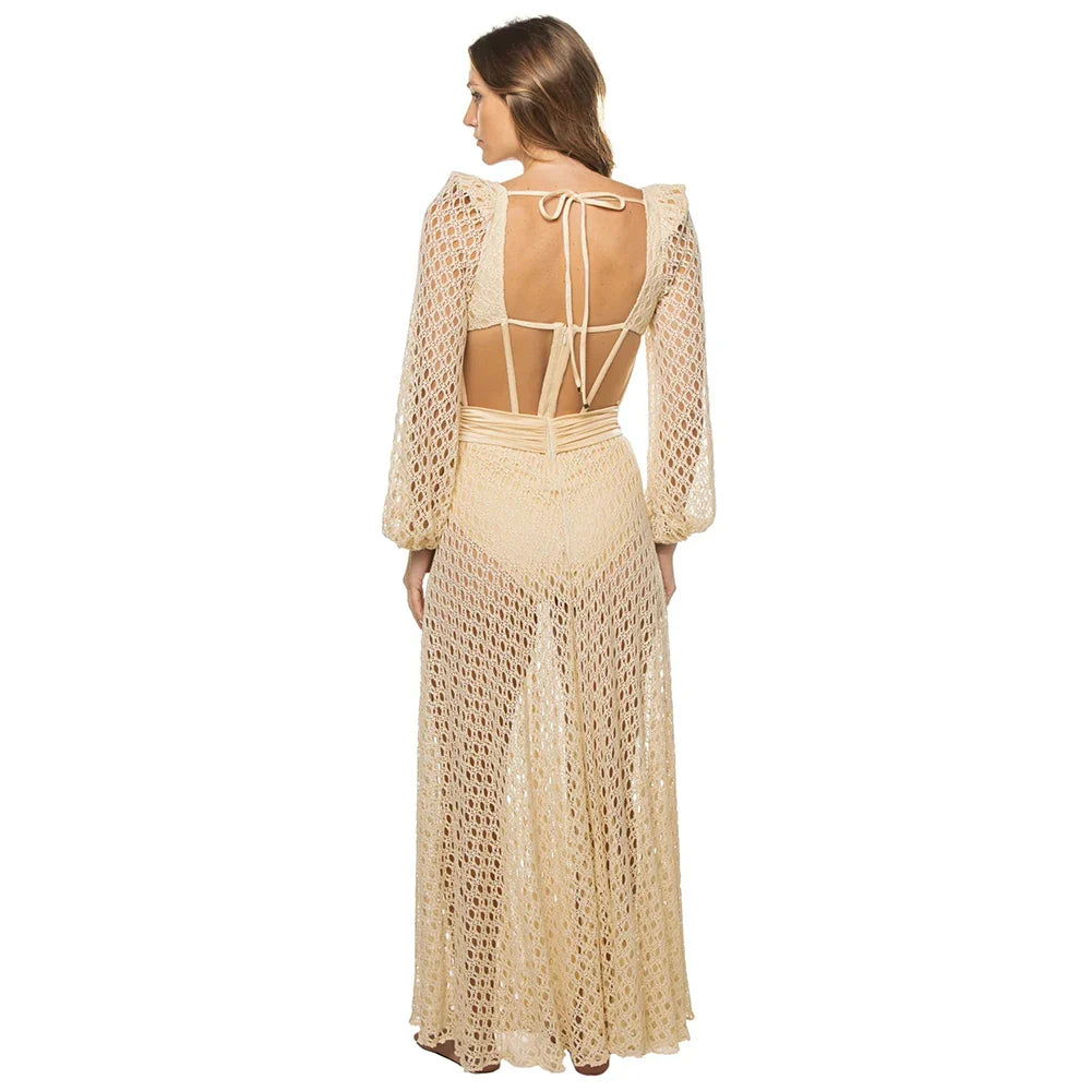 2023 New Retro Hollowed-Out Backless Sexy Swimsuit Long Sleeves Gather Luxury Solid Color Swimwear Knitted Beach Skirt Female