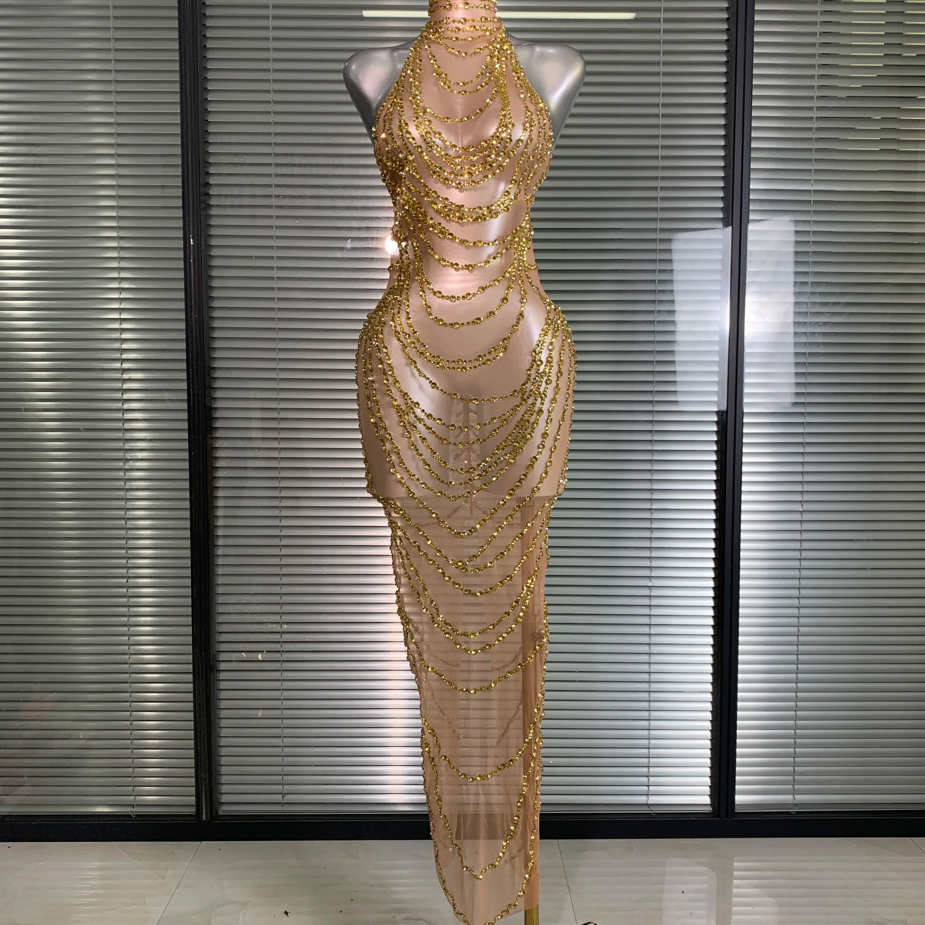 New Women Sexy Mesh Crystal Diamonds Shinning Long Maxi Dress See Through Gold Silver Party Costume Stage Performance Dress