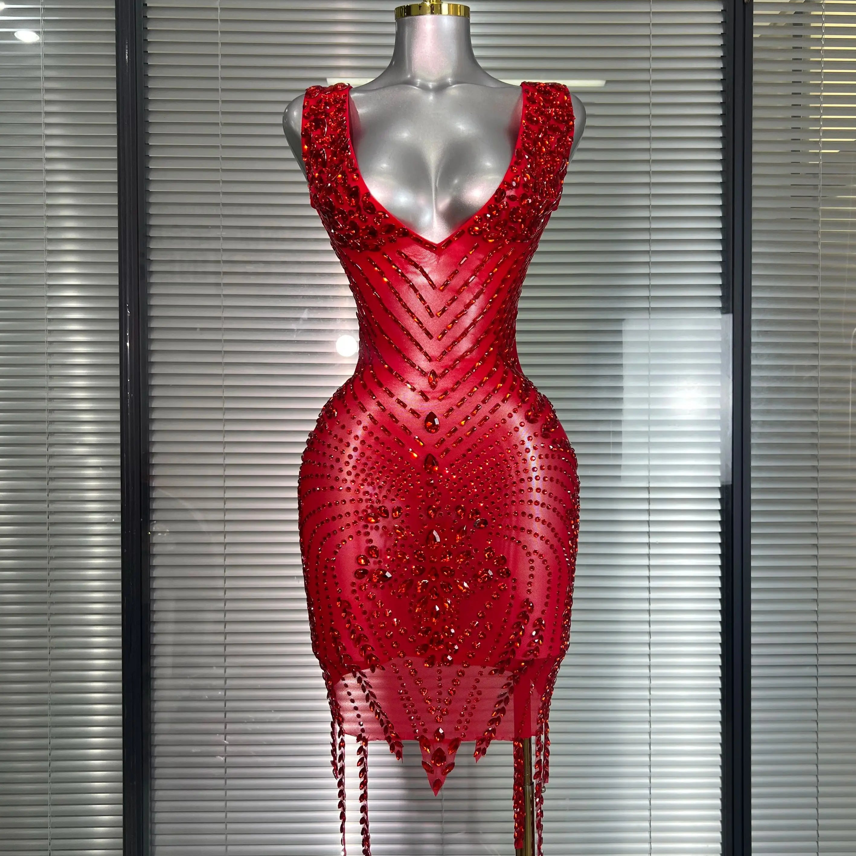 Celebrity New Women Sexy Mesh V Neck Stage Performance Costume Crystal Dancer Singer Night Club Mini Party Dress