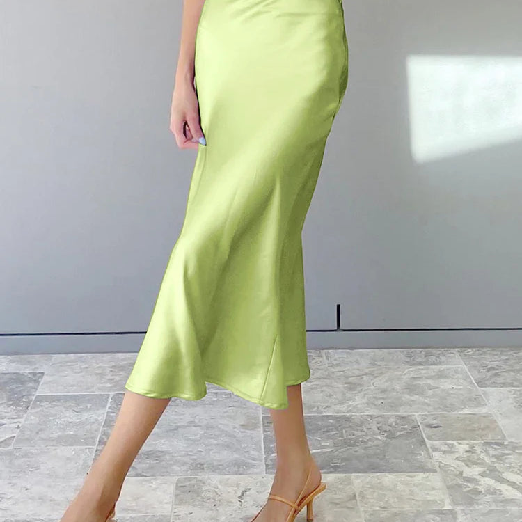 Mnealways18 Solid Purple Satin Silk Skirt Women High Waisted Summer Long Skirt New Elegant Ladies Office Skirts Midi Spring Light Green
