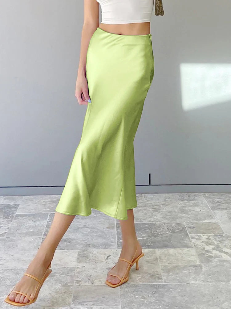 Mnealways18 Solid Purple Satin Silk Skirt Women High Waisted Summer Long Skirt New Elegant Ladies Office Skirts Midi Spring Light Green