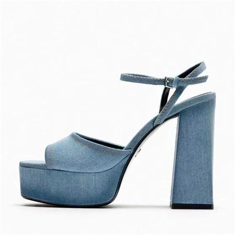 Summer 2024 New Denim Platform Woman Sandals open-toe Square heel Elegant Buckle Strap Ladies Shoes Zapatillas De Mujer