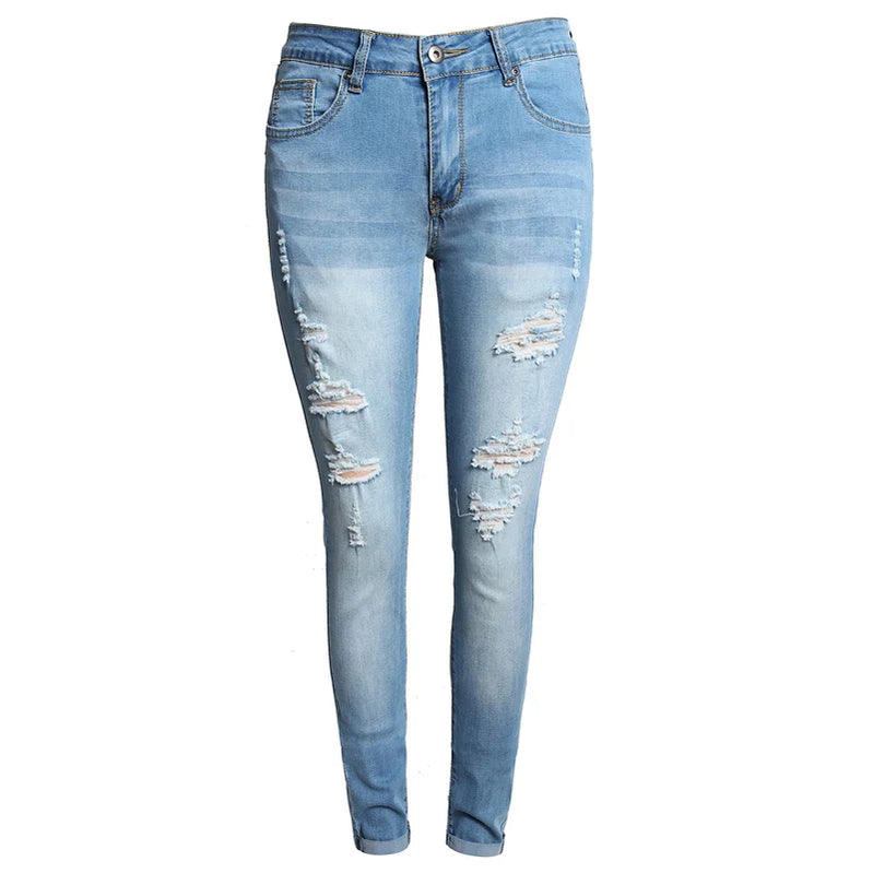 Women Fashion High Waist Stretch Ripped Jeans Lady Y2K Pencil Denim Pants Streetwear Tight Narrow Leg Mom Casual Skinny Trousers SKY BLUE
