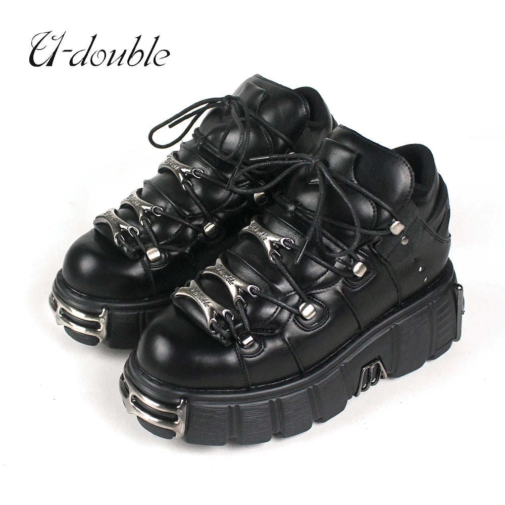 Punk Style Women Shoes Lace-up heel height 6CM Platform Shoes Woman Gothic Ankle Rock Boots Metal Decor Woman Sneakers