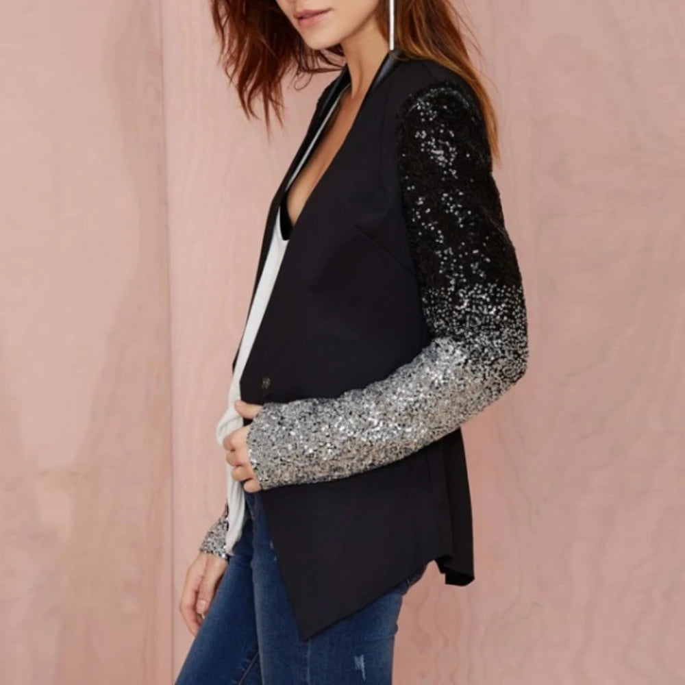 TWOTWINSTYLE Fashion Spliced Sequins Blazers for Women V Neck Long Sleeves Patchwork Button Temperament Blazer Female Clothing