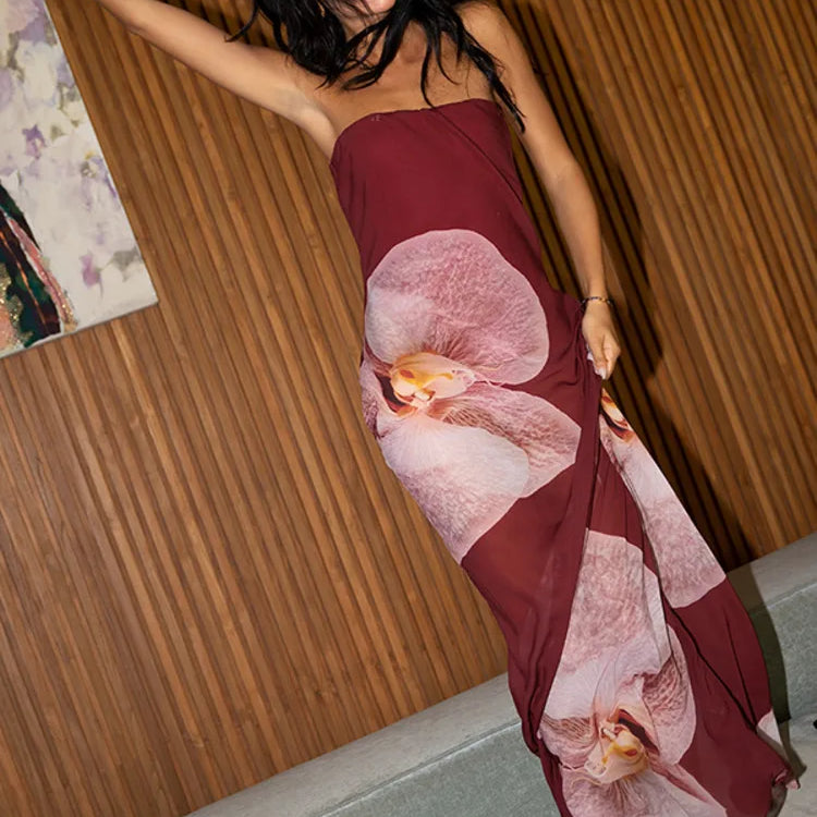Floral Print Strapless Sexy Maxi Dress For Women Gown Patchwork Off-shoulder Backless Sleeveless Print Long Dress