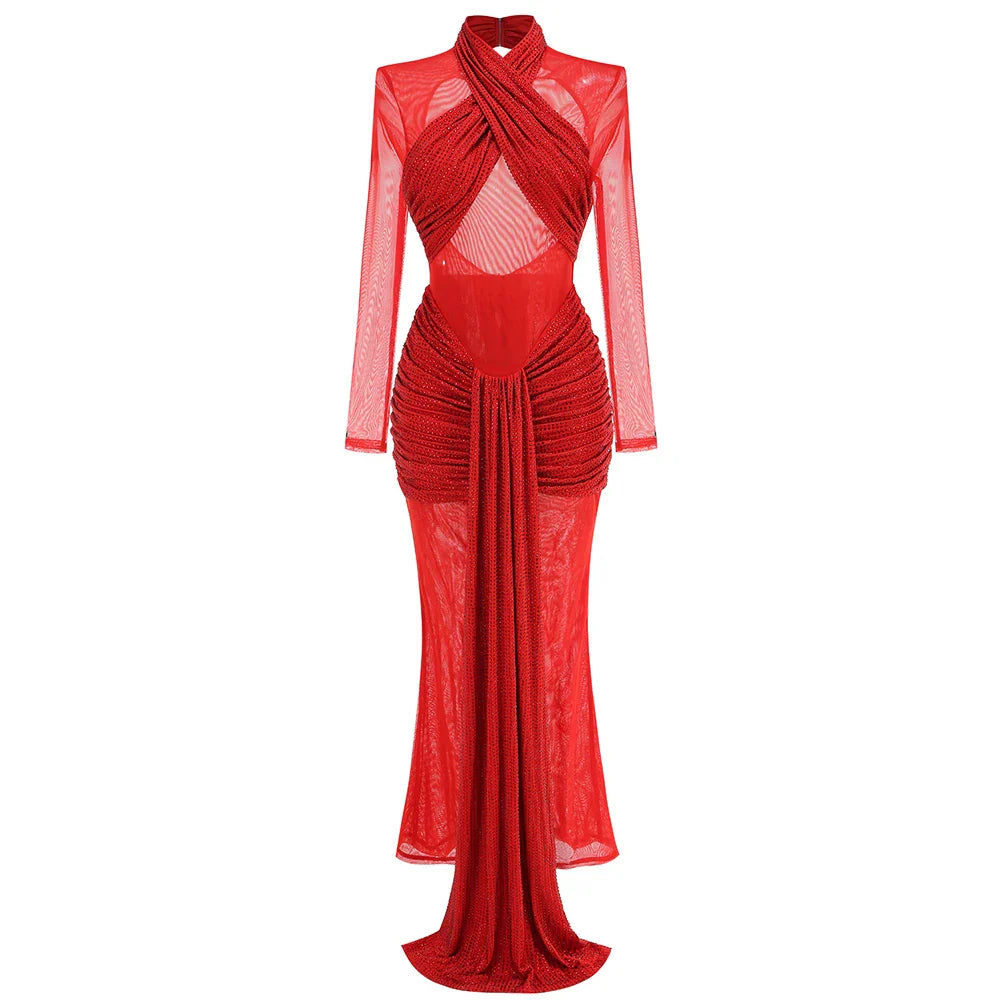 Red Color Women Long Sleeve Shinning Rhinestones Mesh Bodycon Long Dress Fashion Nightclub Party Celebrate Outfit Vestido