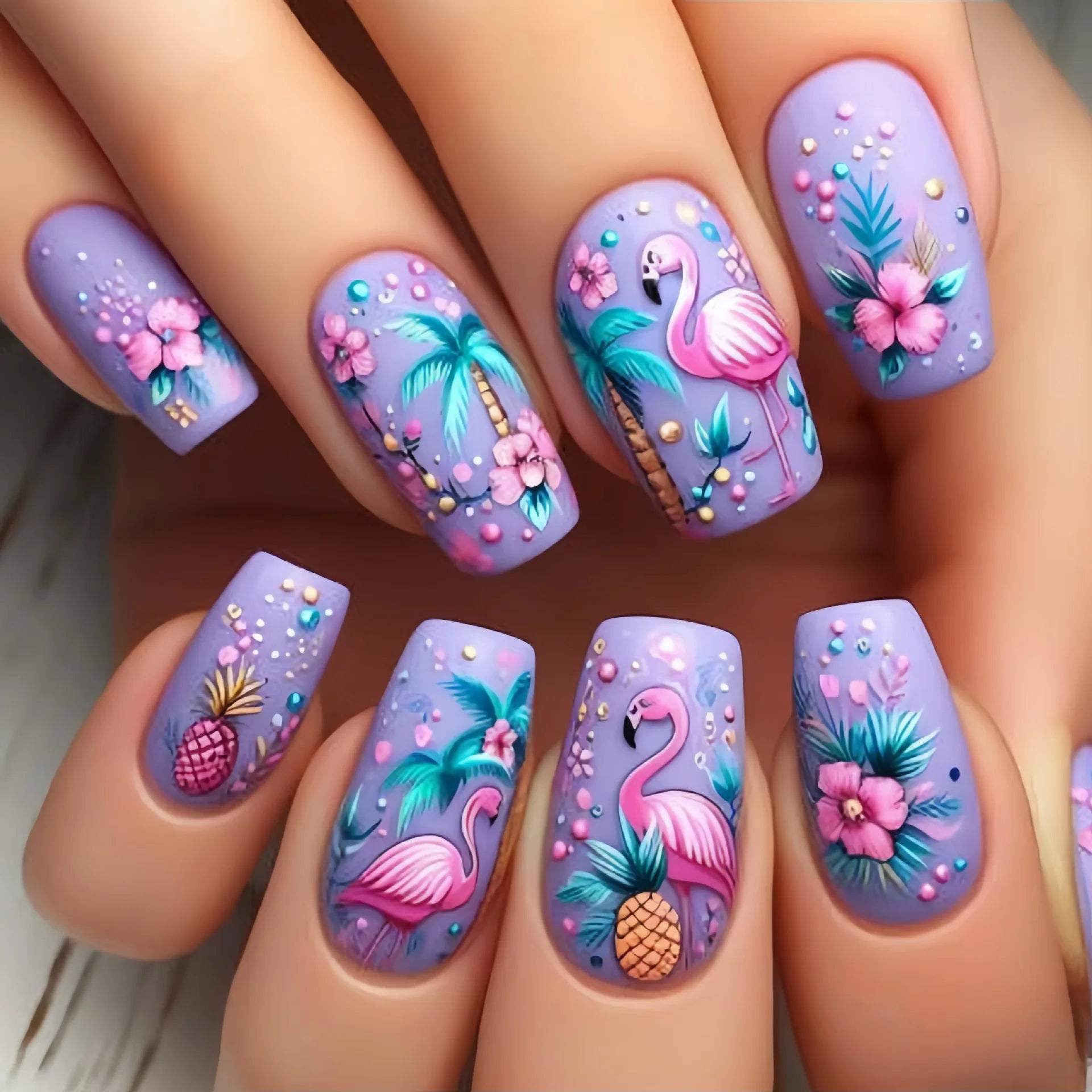 24pcs/set Short Medium long fake nails for women girls Spring summer flowers butterfly flamingo blue pink press on false nails