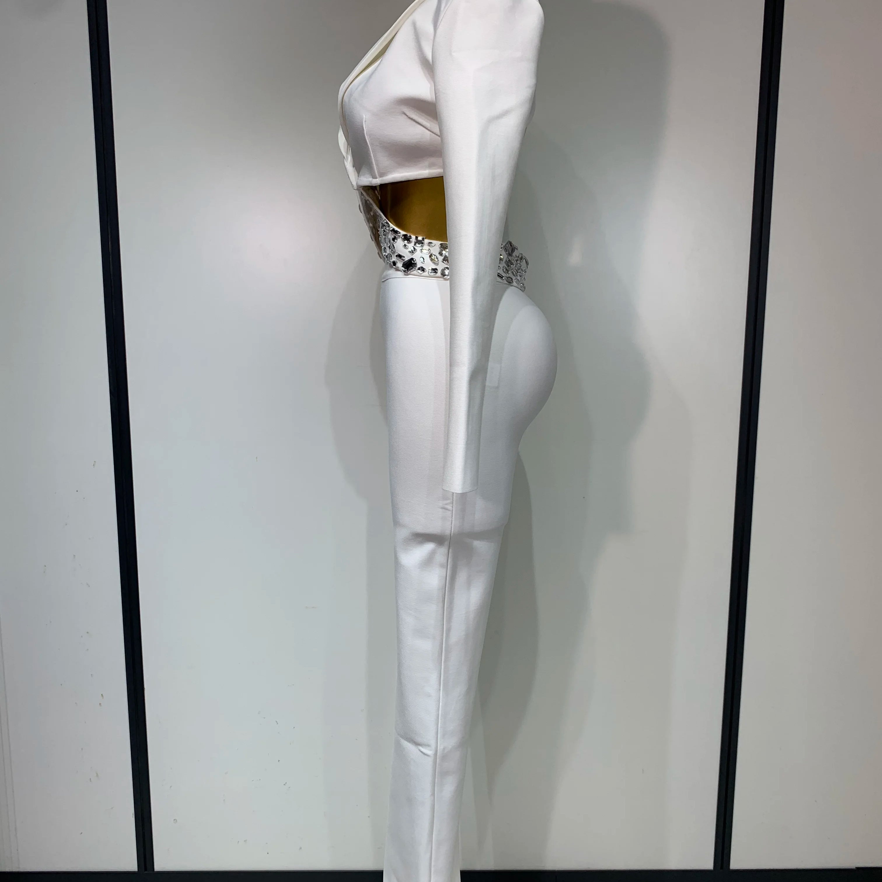 Women Sexy Long Sleeve Beading Bodycon Two Pieces Pants Bandage Set 2025 Celebrity Designer Fashion Women's Luxury Birthday Set